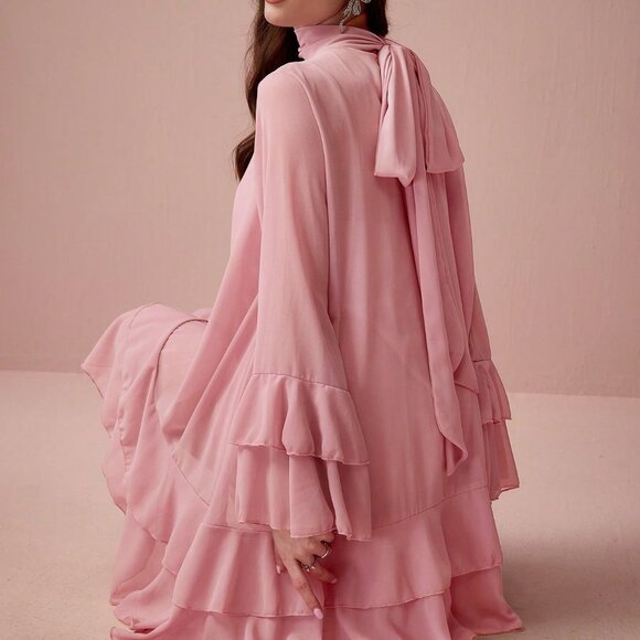 Pink Elegant Women's Ruffle Flared Sleeve Dress - Picture 1 of 7